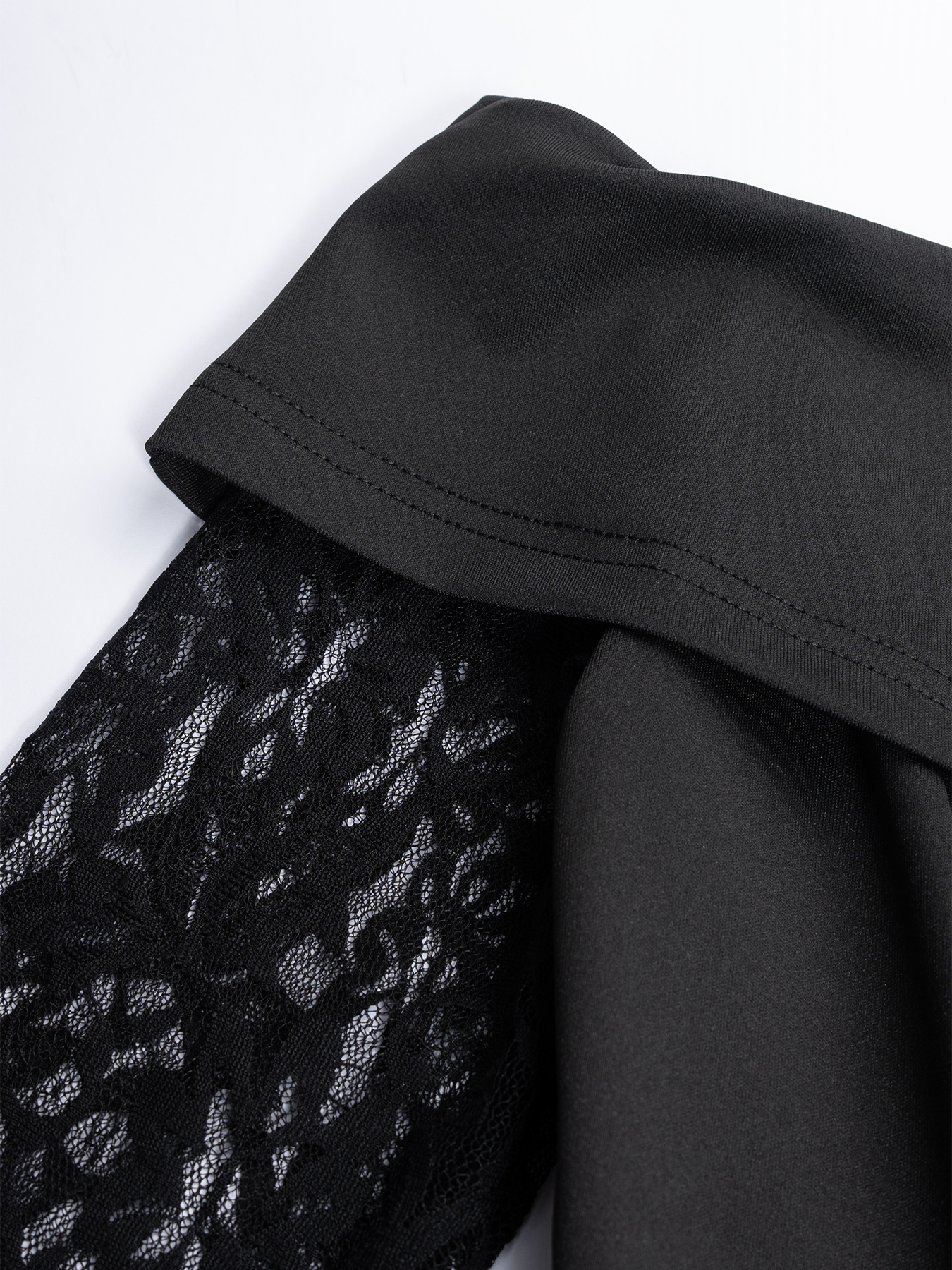 Black off-the-shoulder lace patchwork dress with long sleeves and two faux see-through dresses-Aegean-sea
