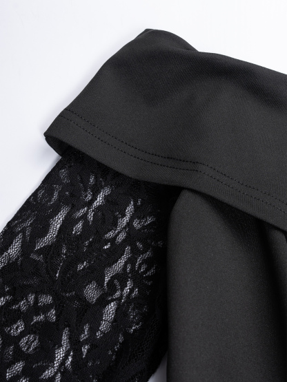 Black off-the-shoulder lace patchwork dress with long sleeves and two faux see-through dresses-Aegean-sea