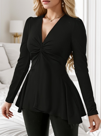 Top femenino de manga larga con cuello en V Twist Peplum frontal-Aegean-sea