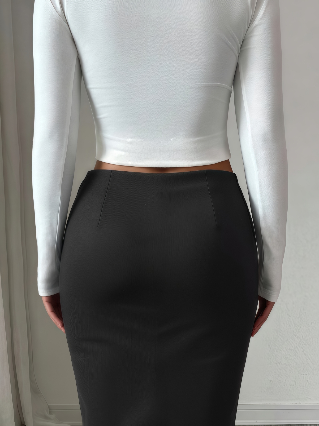 Falda media lápiz de mujer negra con corbata y lateral con ruchedura con abertura lateral-Aegean-sea