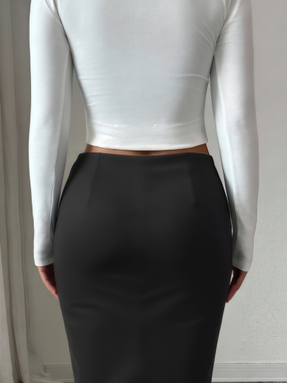 Falda media lápiz de mujer negra con corbata y lateral con ruchedura con abertura lateral-Aegean-sea