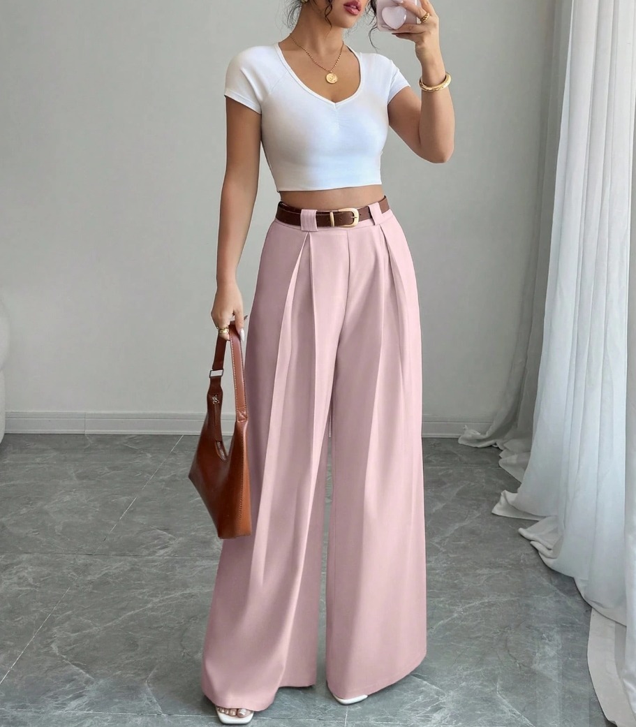 Pantalones anchos de cintura alta de color rosa para mujer-Aegean-sea