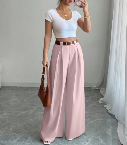 Pantalones anchos de cintura alta de color rosa para mujer-Aegean-sea