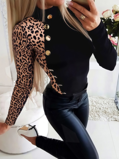 Women's Turtleneck Top with Leopard Print Panel and Button Detail