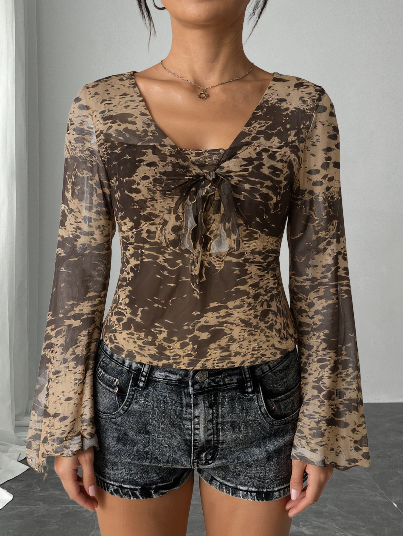 Tie Front Sheer Print Blouse - Square Neck Bell Sleeve Slim Fit Women's Top-Aegean-sea