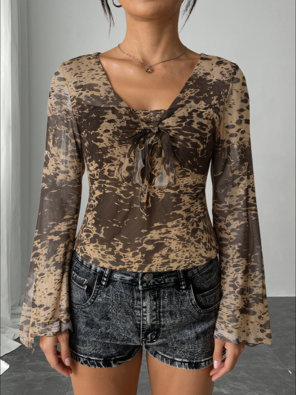 Tie Front Sheer Print Blouse - Square Neck Bell Sleeve Slim Fit Women's Top-Aegean-sea