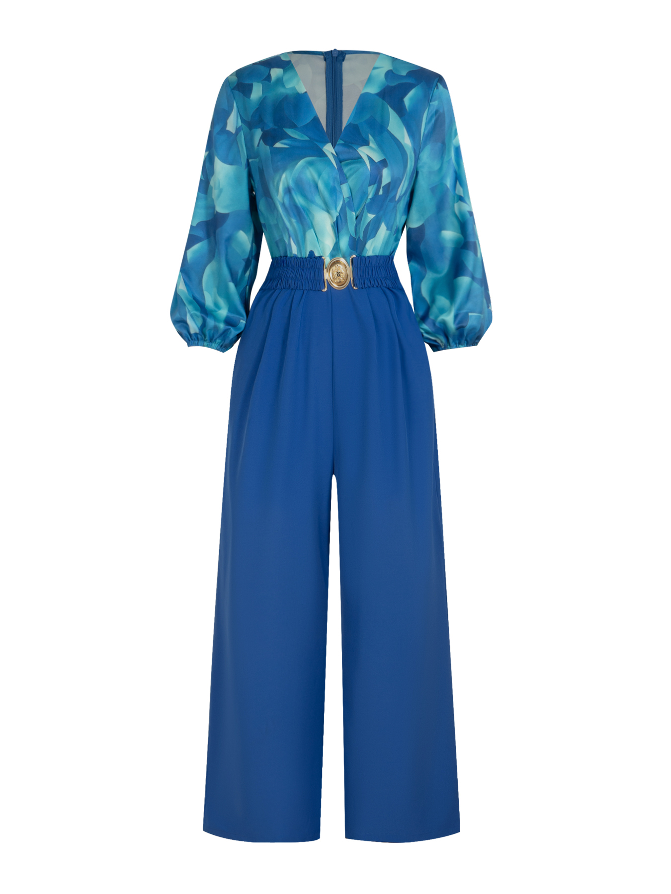 Gradient blue hue stained V-neck shirt, waist-closing metal-buttoned jumpsuit