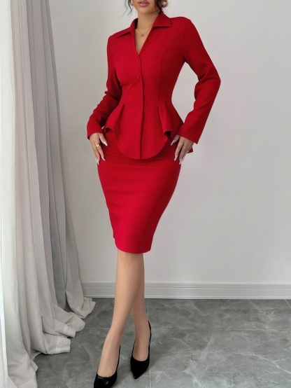 Red Peplum Blazer and Bodycon Medium Skirt Set for Women-Aegean-sea