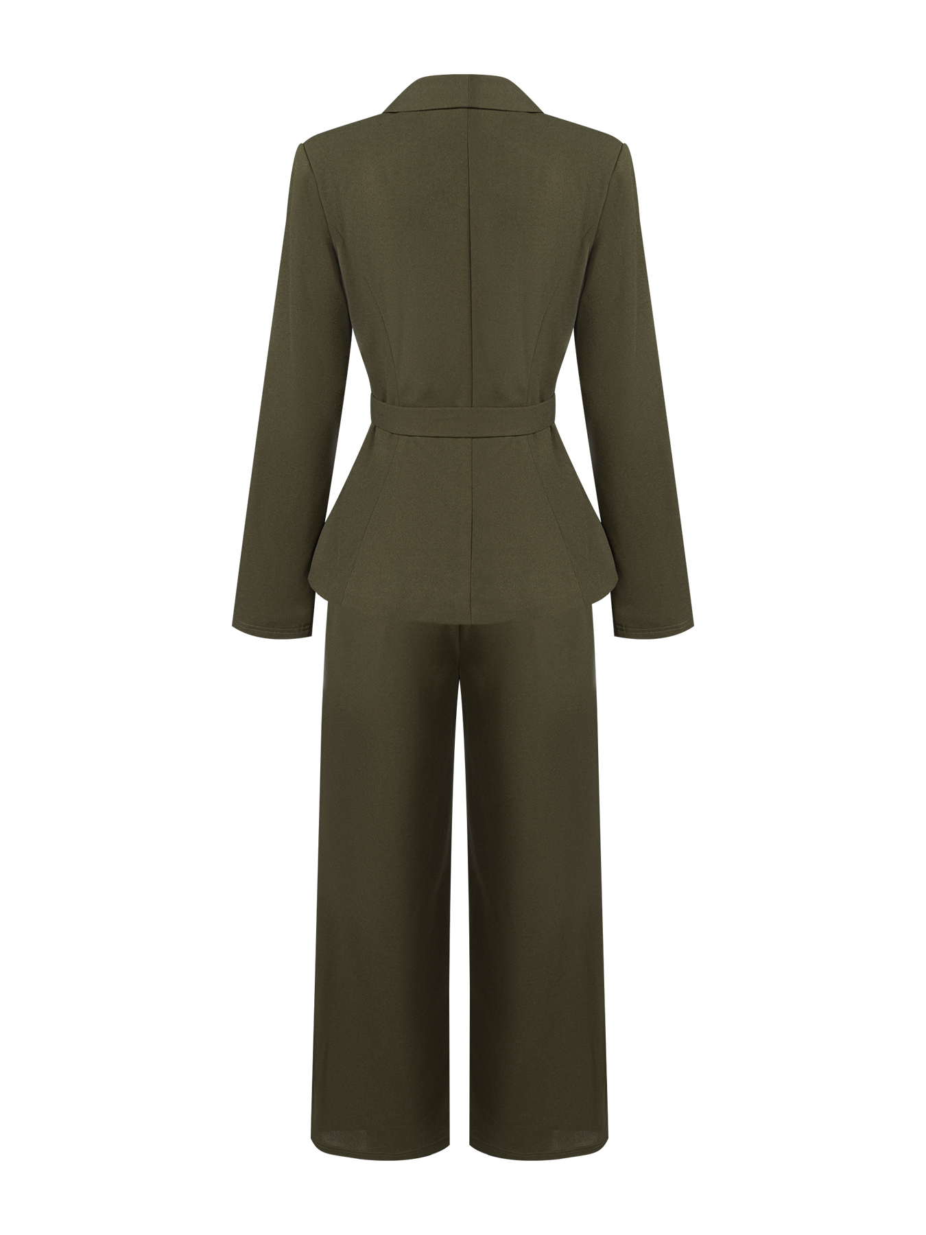 Office Elegant Wave Hem Waist-Cinched Blazer Set : Single Button Lapel Jacket & Wide-Leg Pants Two-Piece