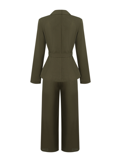 Office Elegant Wave Hem Waist-Cinched Blazer Set : Single Button Lapel Jacket & Wide-Leg Pants Two-Piece