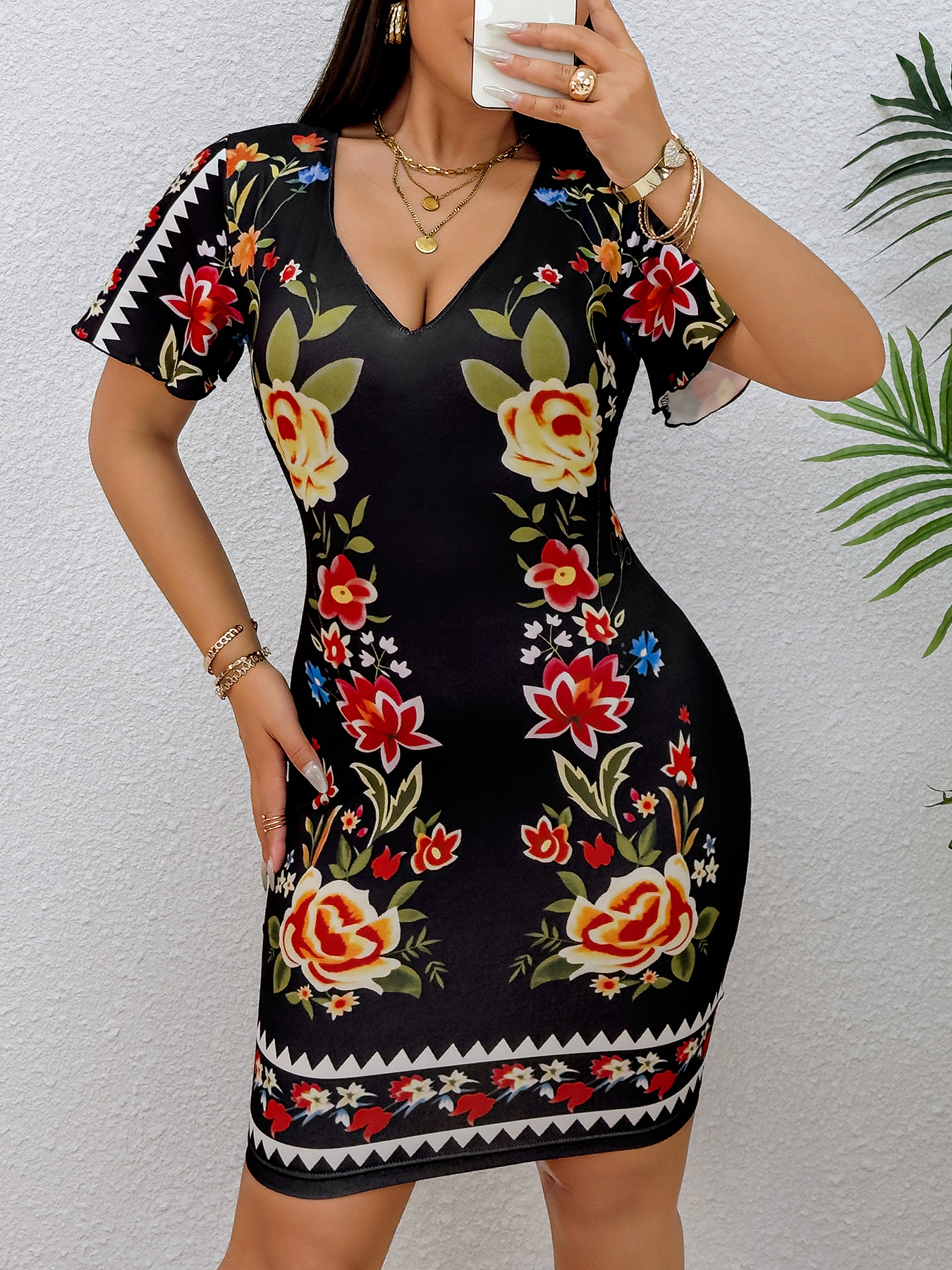 Woman's Floral Print Deep V Short Sleeve Bodycon Mini Dress-Aegean-sea
