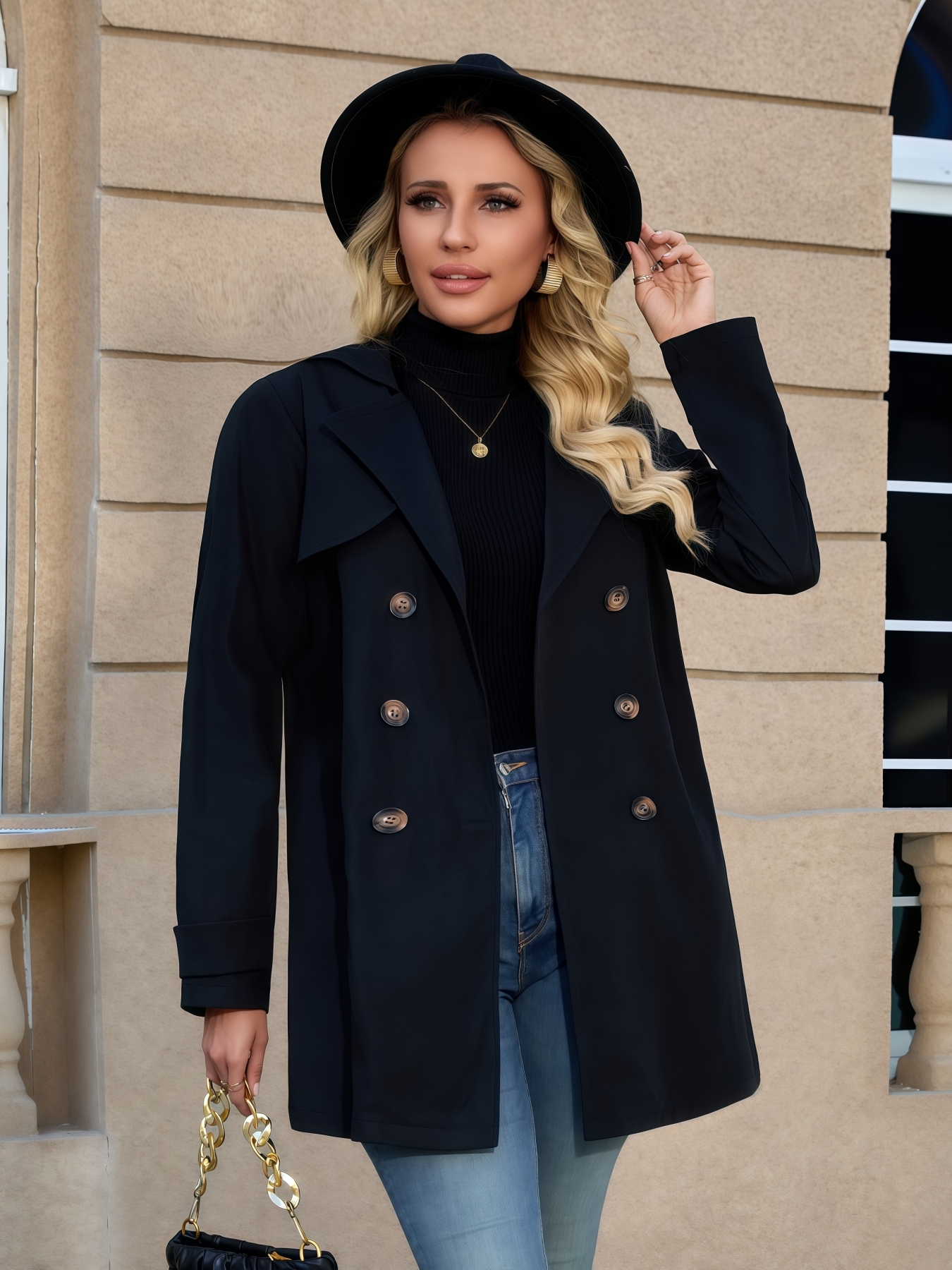 Woman's Black Double-Breasted Belted Trench Coat | Mid-Length Notch Lapel Office Vintage Jacket