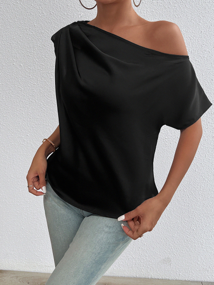 Black slouch-shouldered short-sleeved jacket Loose, bare-shouldered chiffon shirt