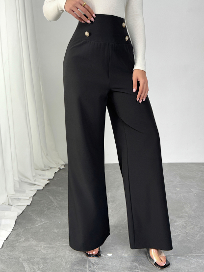 Women's Black High-Waisted Wide-Leg Pants with Gold Button Detail-Aegean-sea