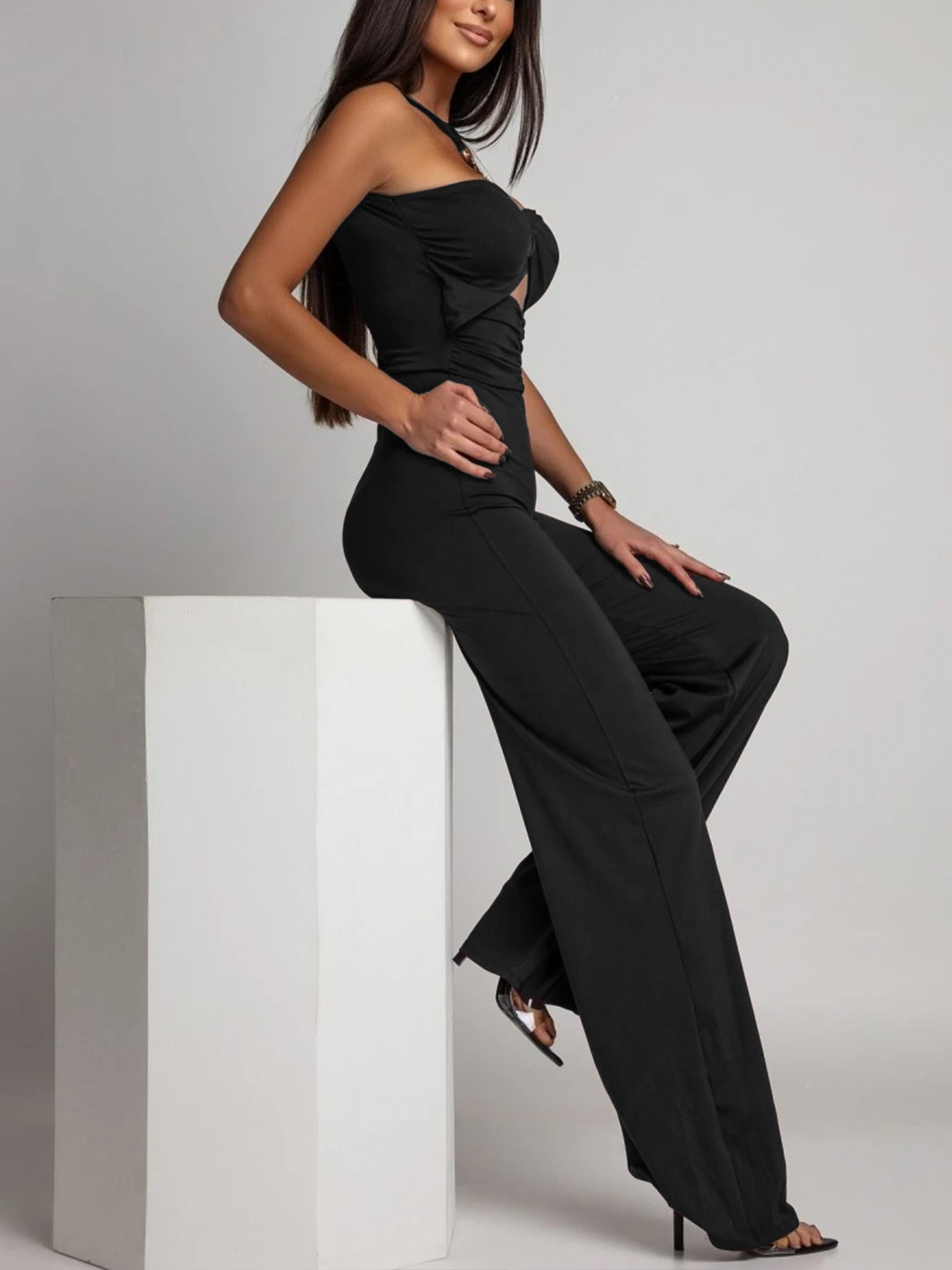 Black halter metal chain jumpsuit, hollow-out wide-leg pants