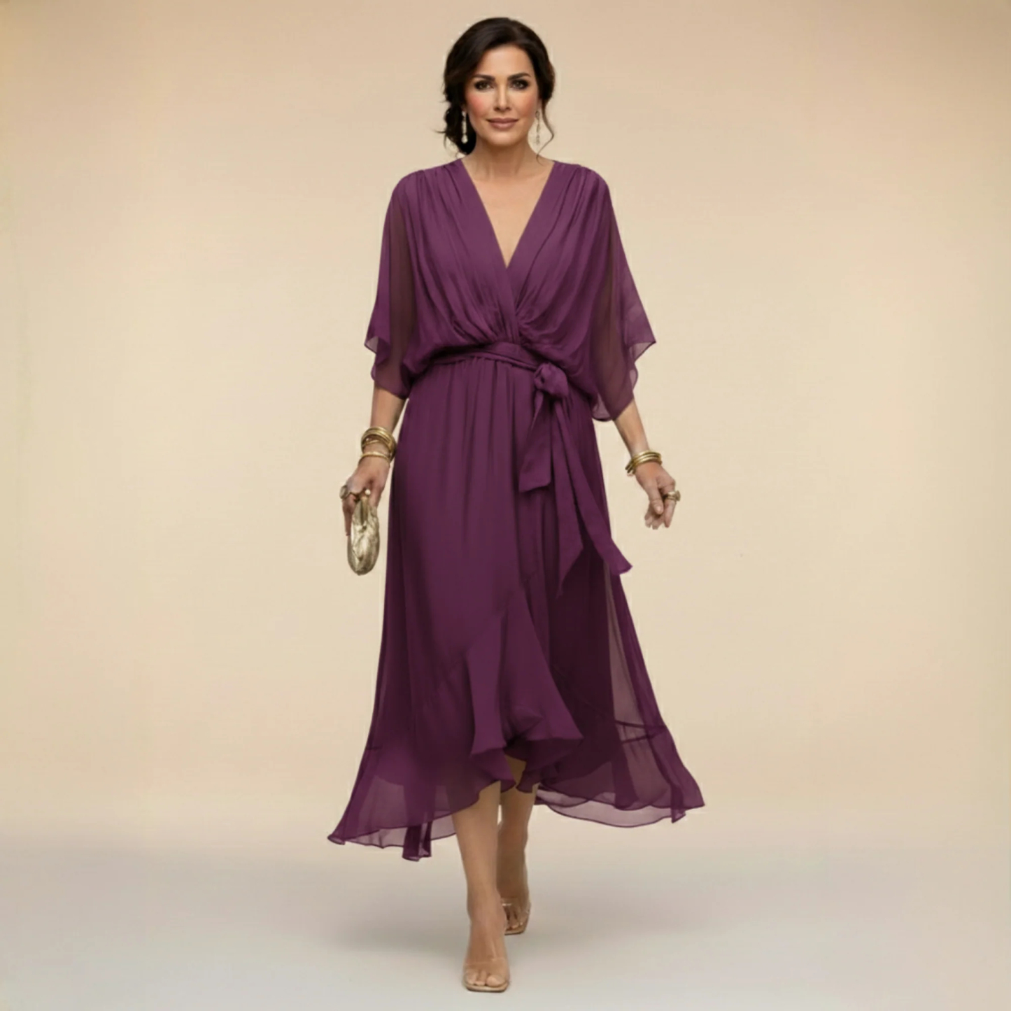 Women's Elegant V Neck Batwing Sleeve Tie Waist Ruffle Hem Sheer Chiffon Formal Midi Dress