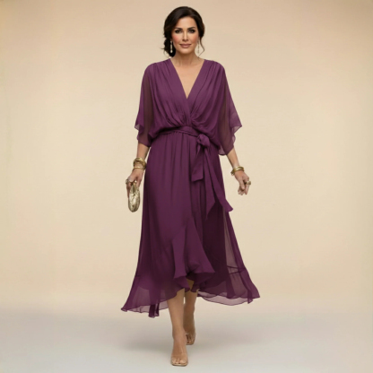 Women's Elegant V Neck Batwing Sleeve Tie Waist Ruffle Hem Sheer Chiffon Formal Midi Dress