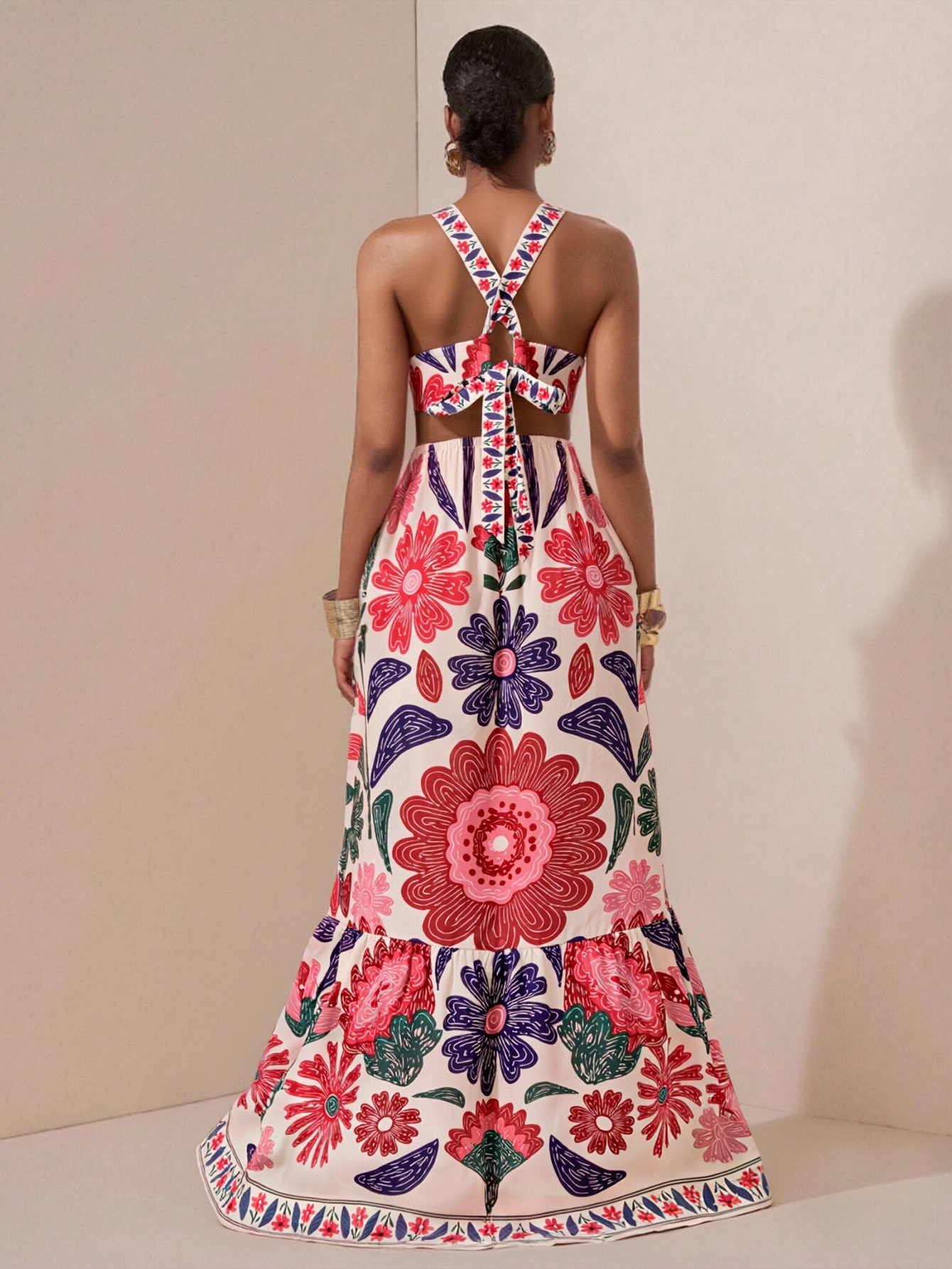 Women in flowered, neck-hanging dresses, cut-out, low-waisted, flowing dresses, holiday party dresses