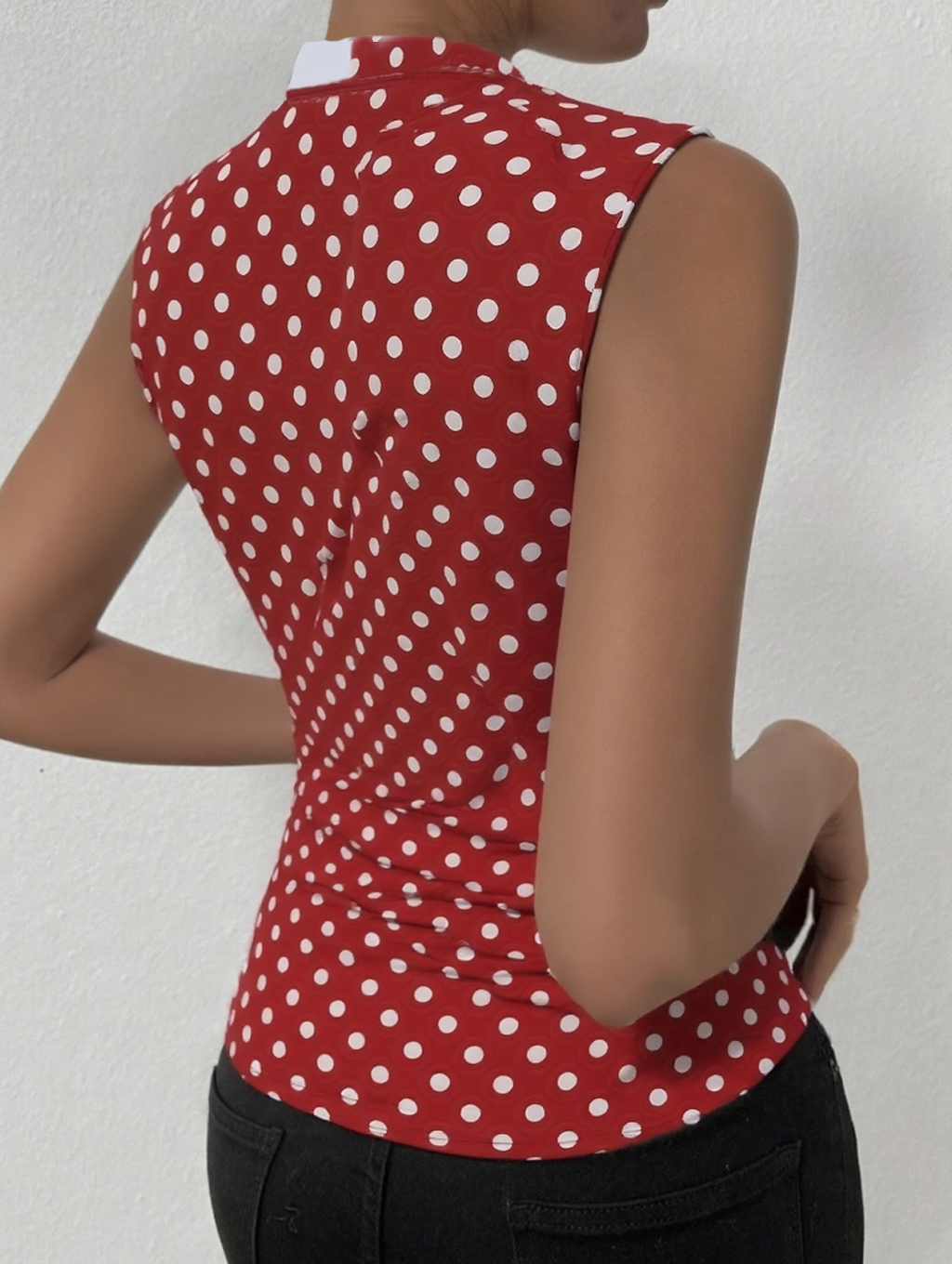 Woman's Brown & White Polka Dot Sleeveless Top - Asymmetric V-Neck Color Block Blouse-Aegean-sea