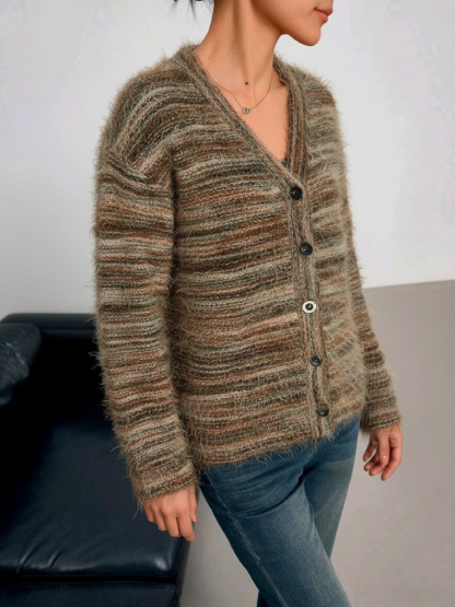Women's  Retro Lazy Style Mixed Color Fuzzy V-Neck Knit Cardigan : Loose Slimming Elegant Sweater Coat