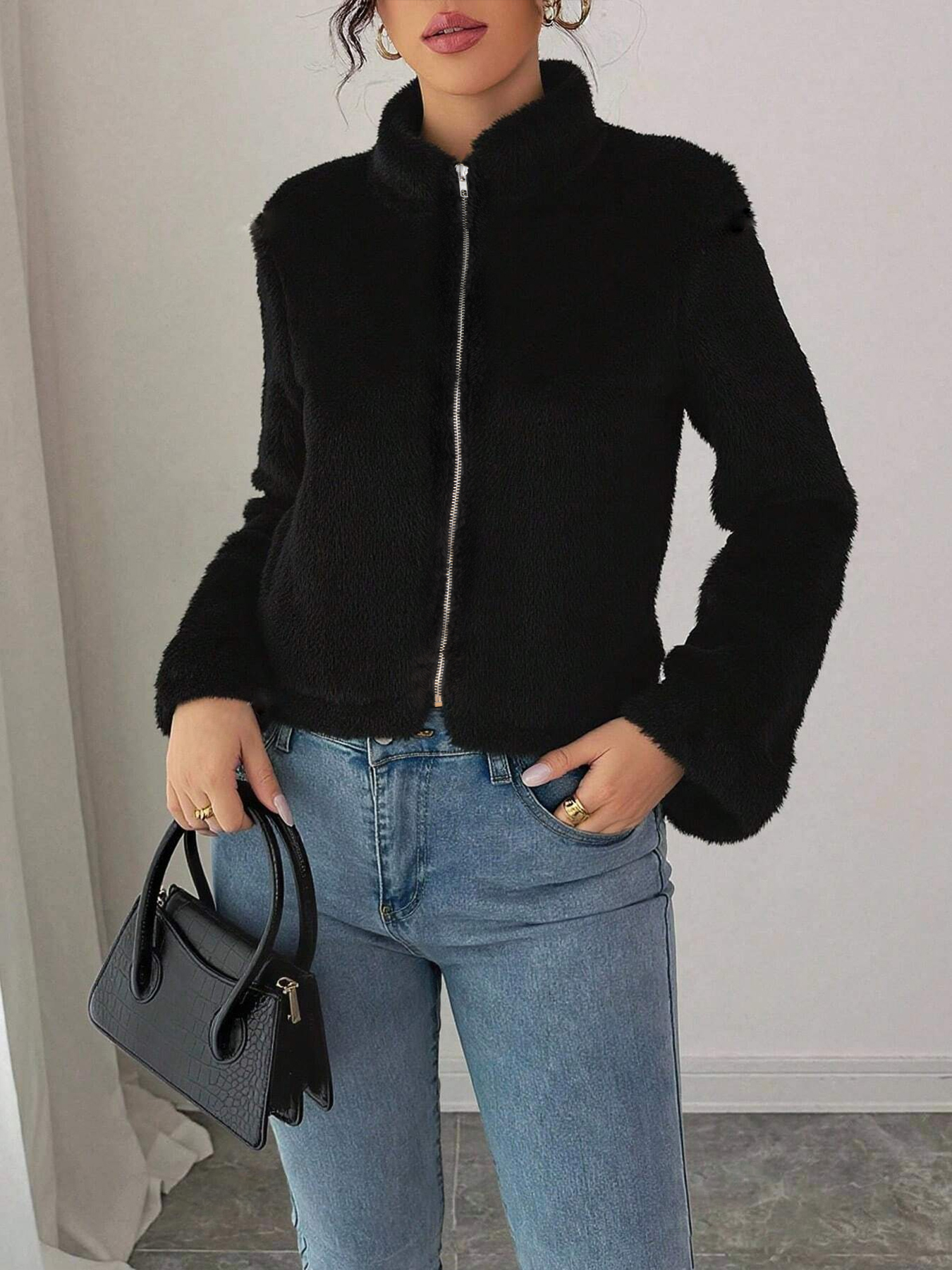 Chaqueta Fuzzy negra de cuello alto con cremallera para mujer-Aegean-sea