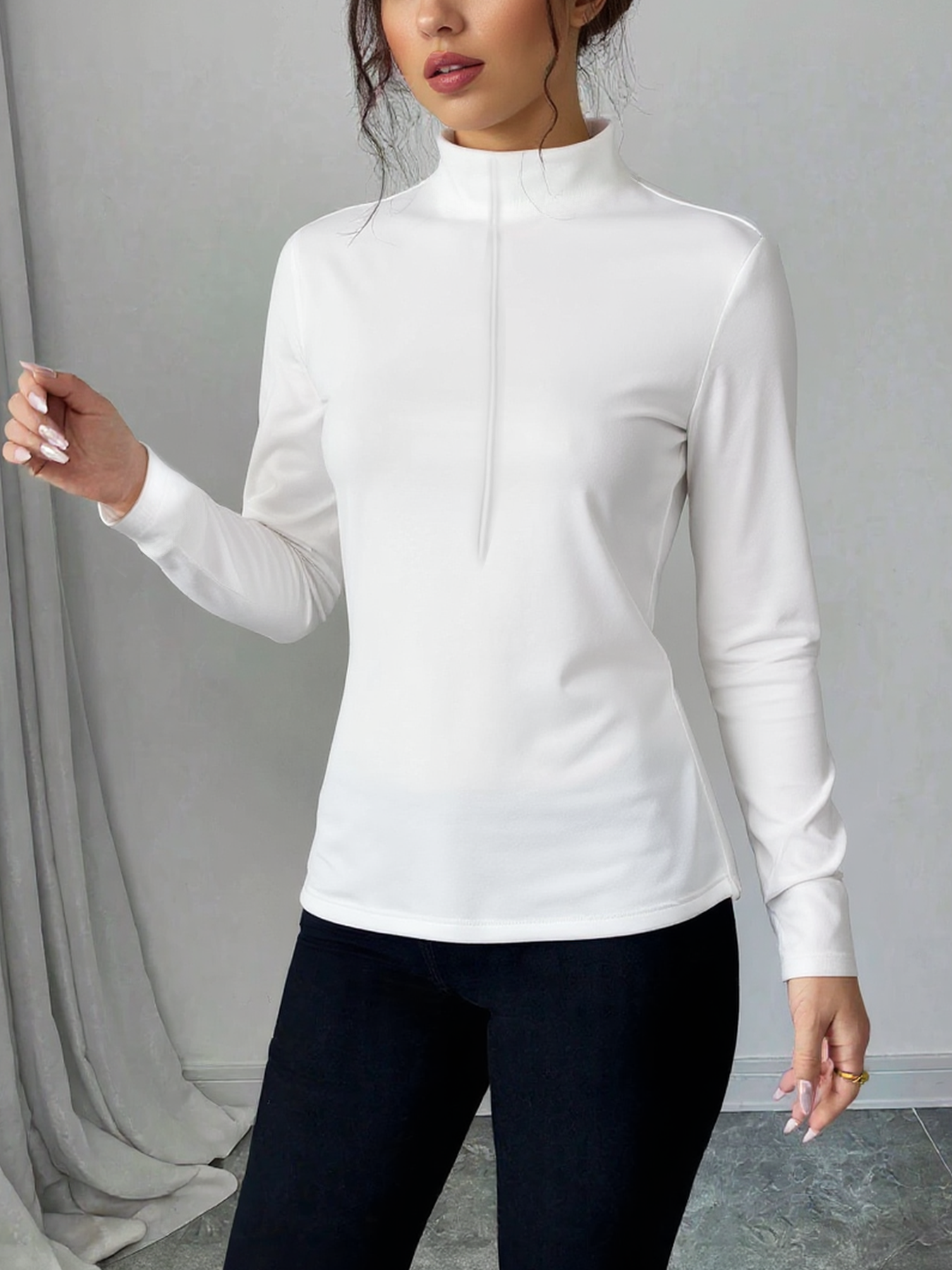 Slim Fit Half-Zip Mock Neck Long Sleeve Blouse - Women's Everyday Basic Top-Aegean-sea