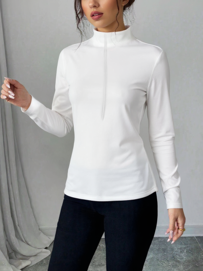 Slim Fit Half-Zip Mock Neck Long Sleeve Blouse - Women's Everyday Basic Top-Aegean-sea