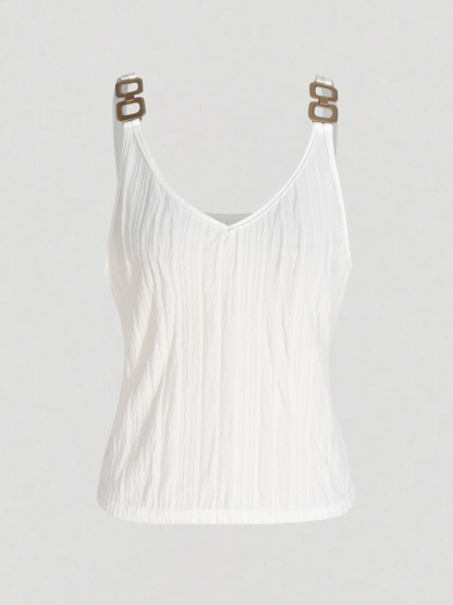 Women's White Textured Cami Top with Metal Chain Strap Detail-Aegean-sea