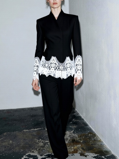 2026 Spring/Summer New Arrival: Elegant Commuter-Style Long-Sleeved Slim-Fit Stand Collar Lace-Trimmed Color-Blocked Blazer