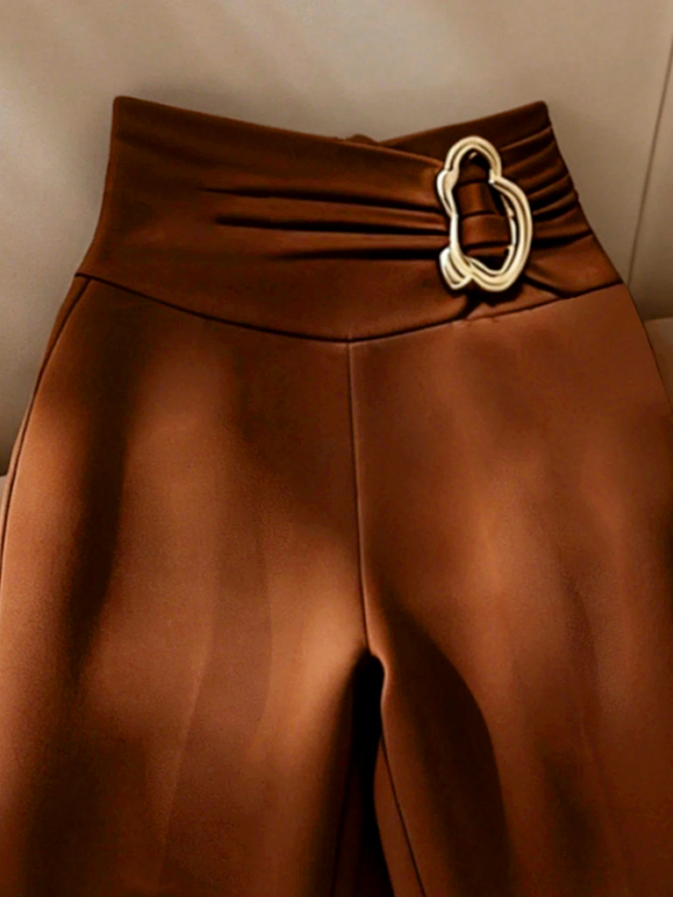 Caramel-brown metal high-waisted bell-bottomed pants slim-fit slim-fitted flared pants