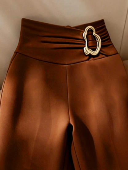 Caramel-brown metal high-waisted bell-bottomed pants slim-fit slim-fitted flared pants