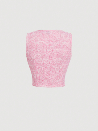 Women's Pink Tweed Button-Front Vest and Wide Leg Pants Set-Aegean-sea