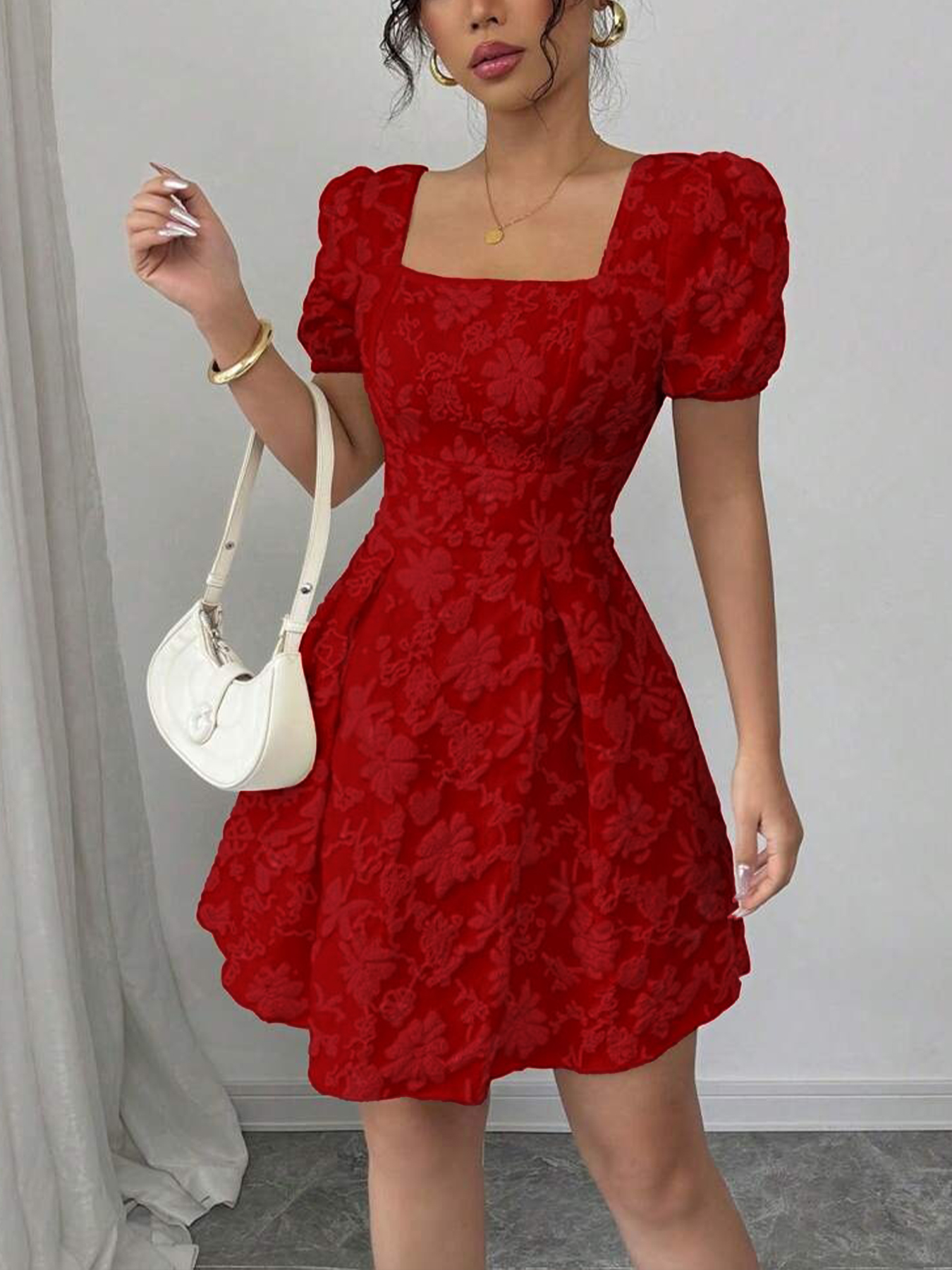 Red square neck floral print puff sleeve dress