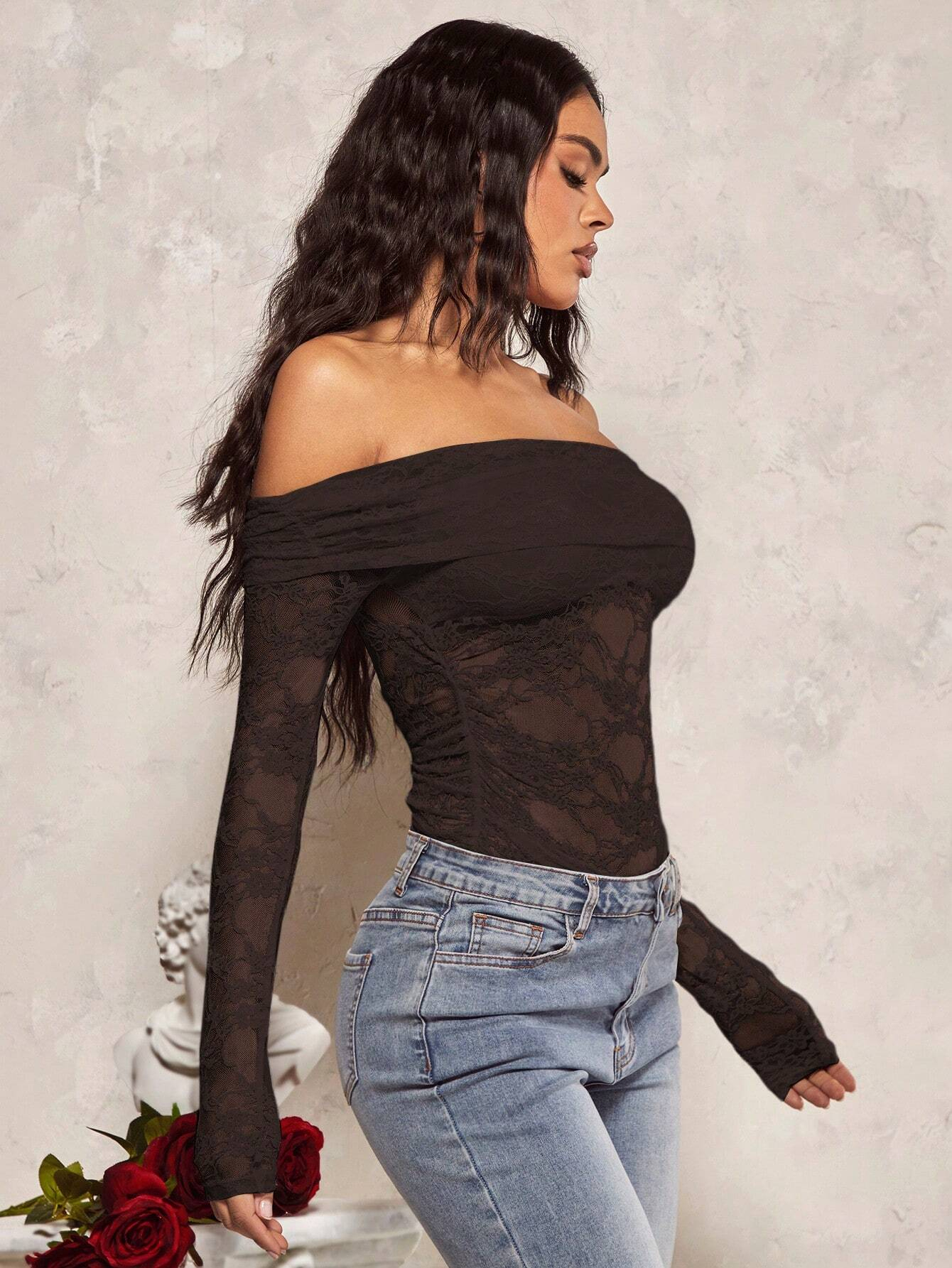 Brown single-shoulder lace through long-sleeved tailored top