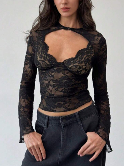 Woman's Black Lace Chest Cutout Cropped Top | Sexy Deep V Fitted Long-Sleeve Hot Girl Inner Wear-Aegean-sea