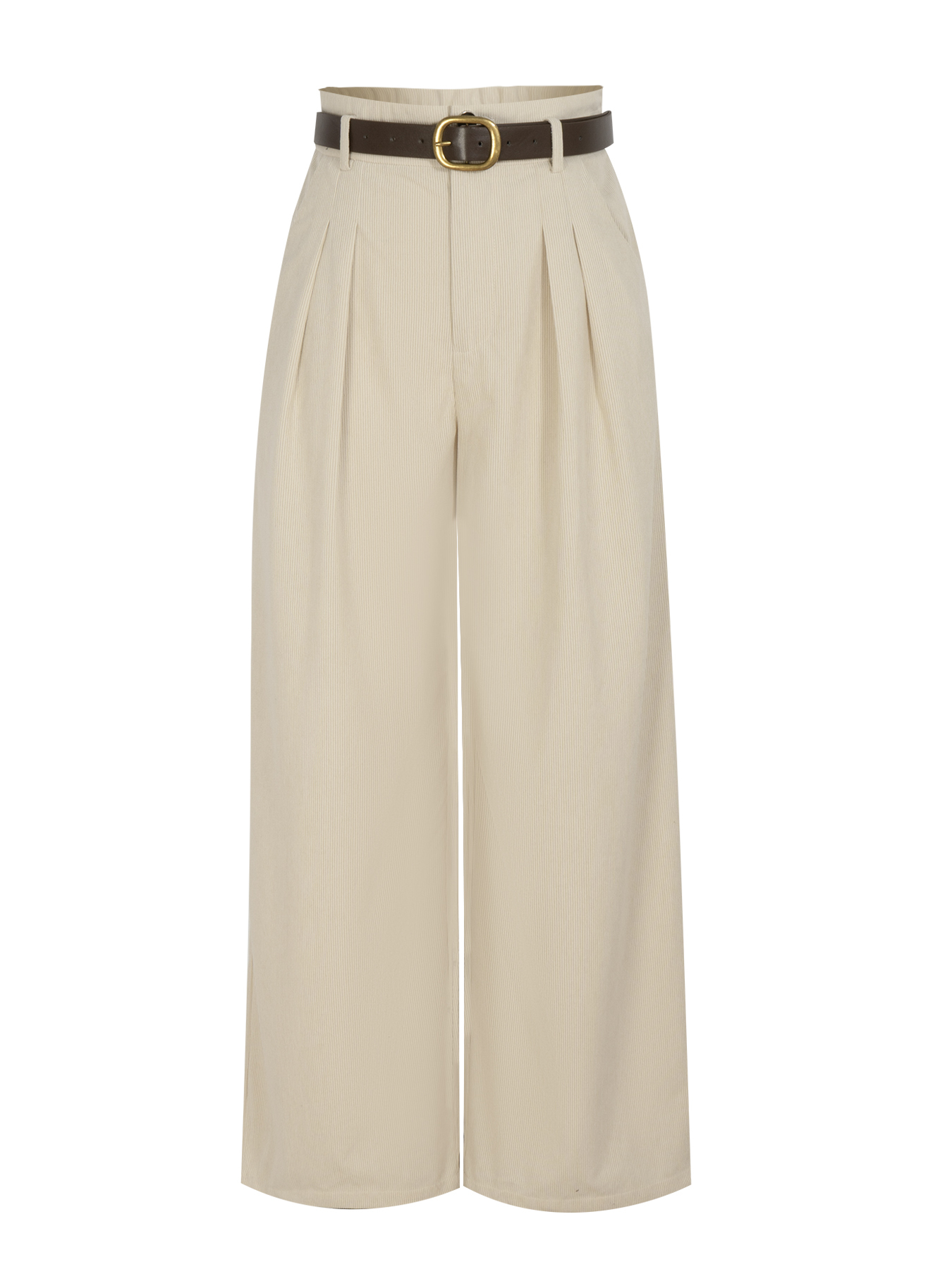 Women's Elegant Corduroy High Waisted Pleated Wide Leg Pants with D-Ring Belt