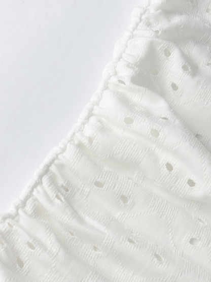 Woman's Eyelet Embroidery V-Neck Puff Sleeve Ruched Waist Blouse-Aegean-sea