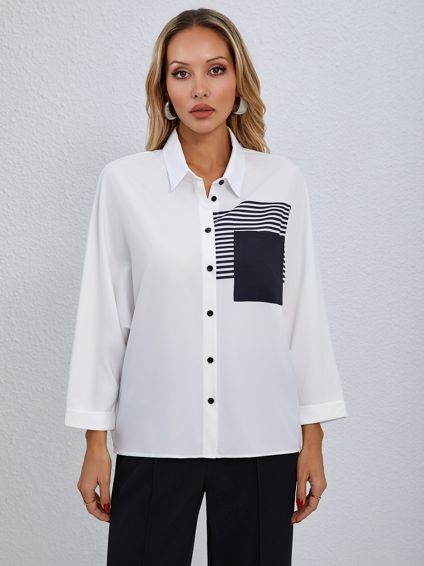 Woman's Collared Button-up Shirt with Striped & Square Patch Detail-Aegean-sea