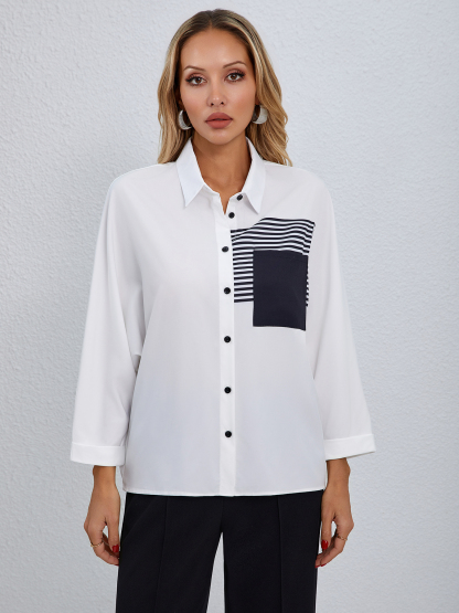 Woman's Collared Button-up Shirt with Striped & Square Patch Detail-Aegean-sea