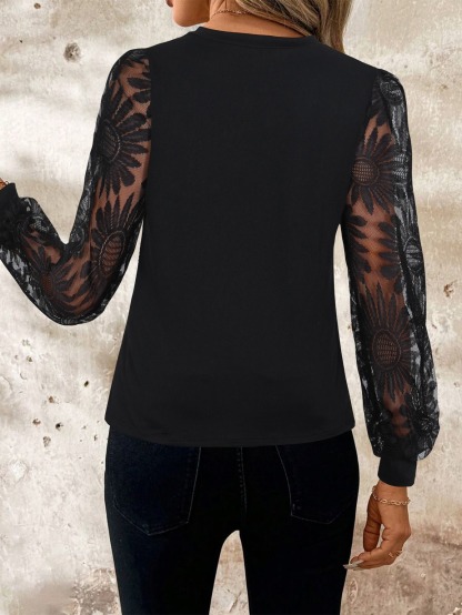Black Lace Mounted Metal Button Women‘s Blouse Long-Sleeve V-Collared Cross-Fit Chiffon Shirt
