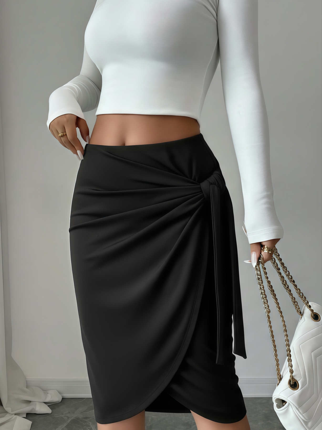 Falda media lápiz de mujer negra con corbata y lateral con ruchedura con abertura lateral-Aegean-sea