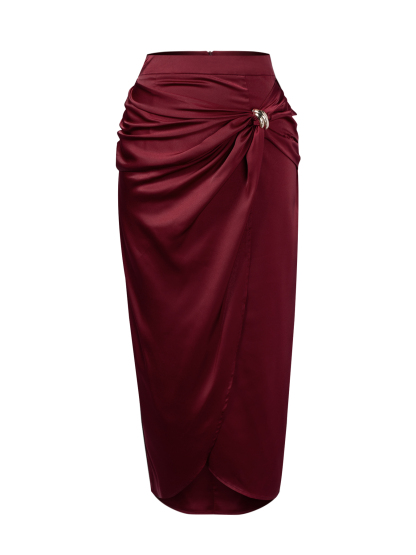 Falda media de satén borgoña de mujer con detalle de anillo estriado y abertura lateral-Aegean-sea
