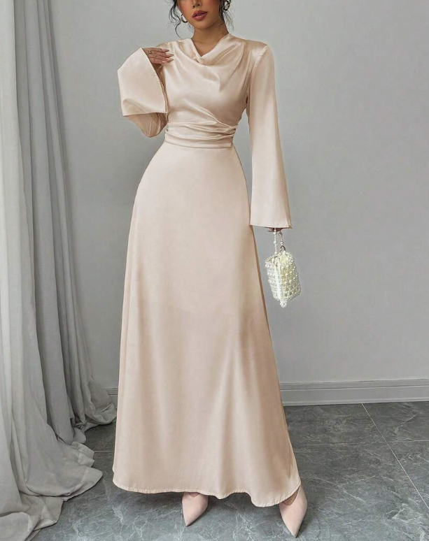 Light Beige Satin Cowl Neck Maxi Dress with Bell Sleeves and Drawstring Waist-Aegean-sea