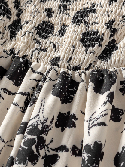 Women's Black and White Floral Print Spaghetti Strap Midi Dress-Aegean-sea