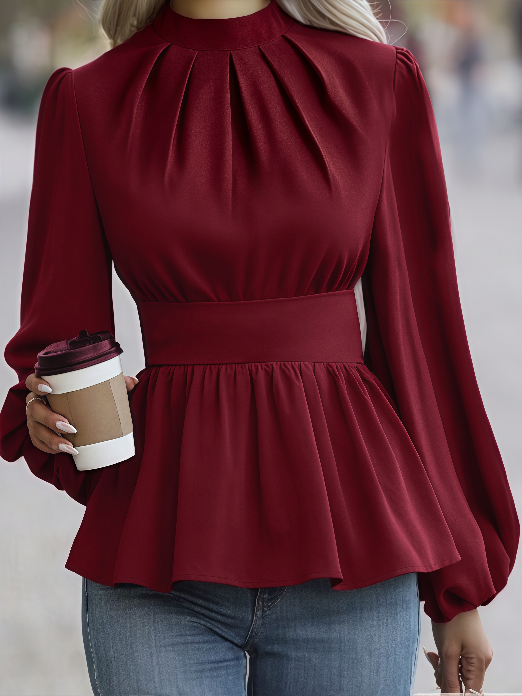 Woman's High Neck Puff Sleeve Peplum Top with Smocked Waist