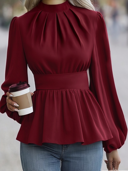 Woman's High Neck Puff Sleeve Peplum Top with Smocked Waist