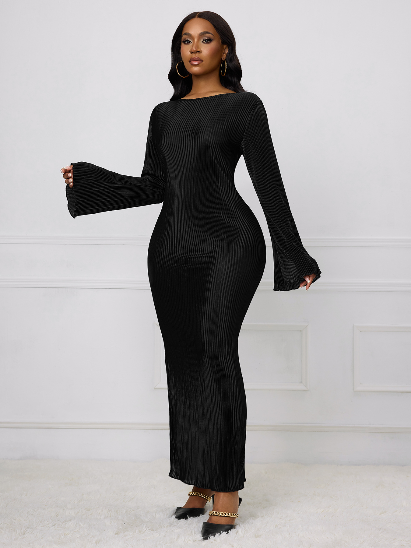 Woman's Long Sleeve Maxi Dress with Bell Sleeves, Vertical Pleats and Side Slit-Aegean-sea