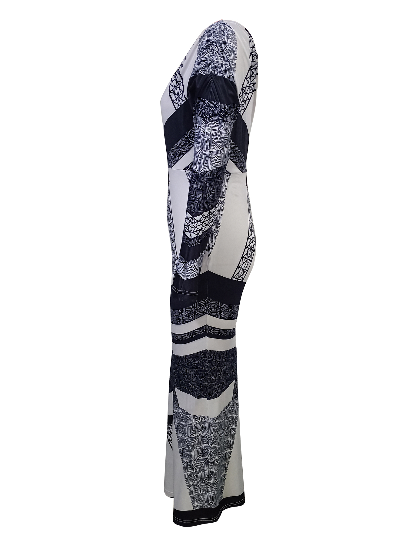 Black-and-white geometric-patterned slouch-shouldered women‘s dress Long-sleeved, body-fitting, hip-length skirt