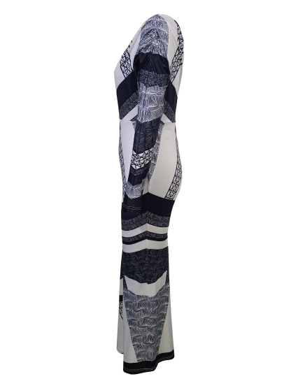 Black-and-white geometric-patterned slouch-shouldered women‘s dress Long-sleeved, body-fitting, hip-length skirt