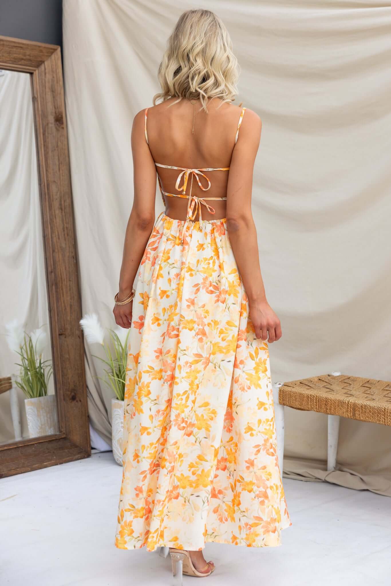 Women's Spaghetti Strap Floral Print Maxi Dress - Sweetheart Neck Corset Bodice A-Line Dress